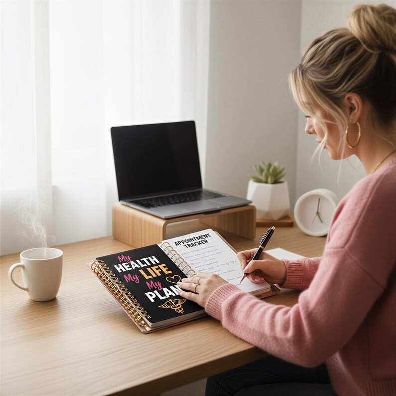 A woman in a pink sweater is sitting at a desk, writing in a notebook while a laptop and coffee mug are nearby.