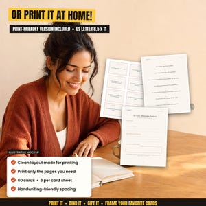 a woman sitting at a table, smiling and looking at a blank piece of paper. The paper appears to be a blank card or sheet, and there is a printed version of the card visible in the image. The woman is wearing a brown sweater, and the background includes a wooden table and a mug.