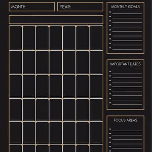 The image is a black and white monthly overview calendar with a grid layout. It includes sections for months, years, and goals, as well as sections for important dates and focus areas.
