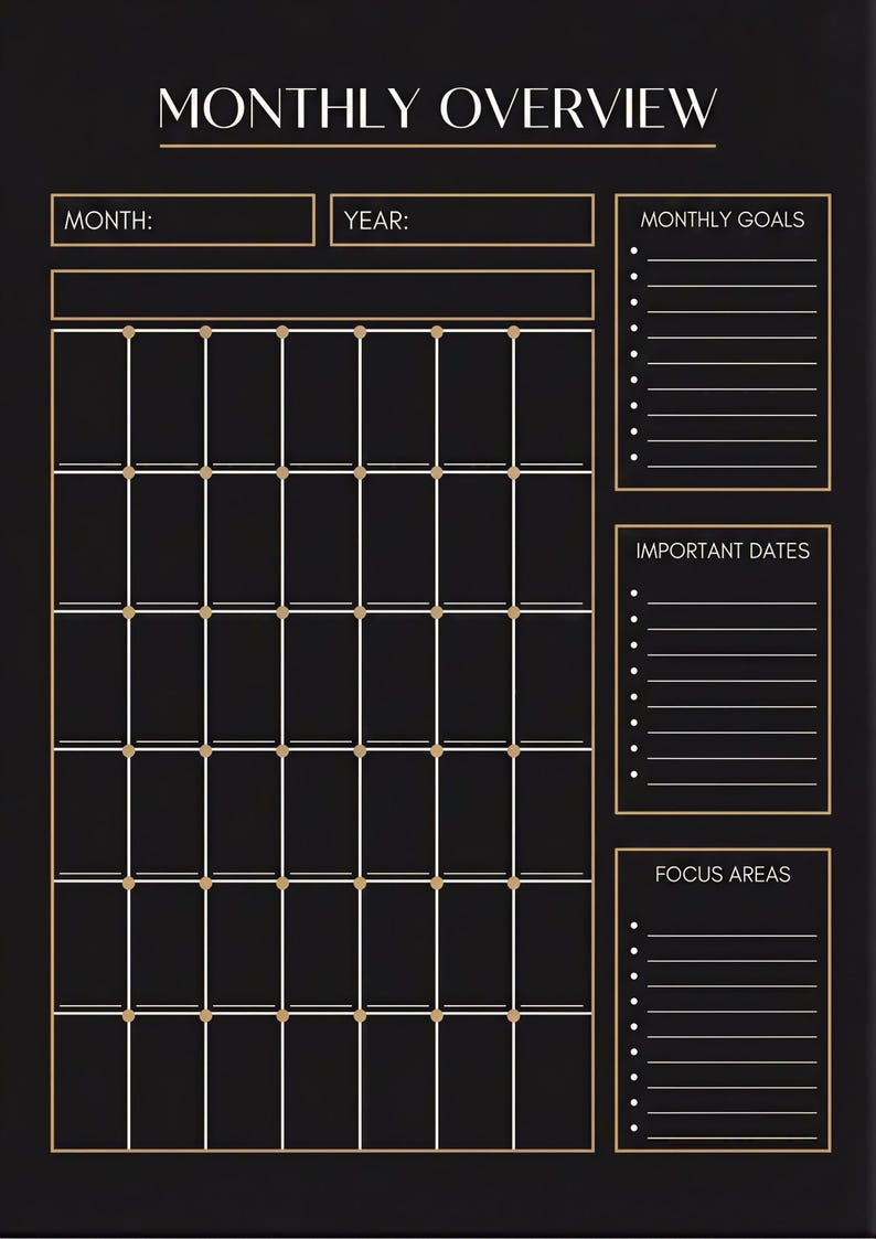 The image is a black and white monthly overview calendar with a grid layout. It includes sections for months, years, and goals, as well as sections for important dates and focus areas.