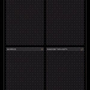 The image is a black and white grid layout with four sections, each containing a different word or phrase. The words are "IDEAS", "TO-DO", "WORRIES", and "RANDOM THOUGHTS". The layout appears to be a simple, organized design with a minimalistic aesthetic.