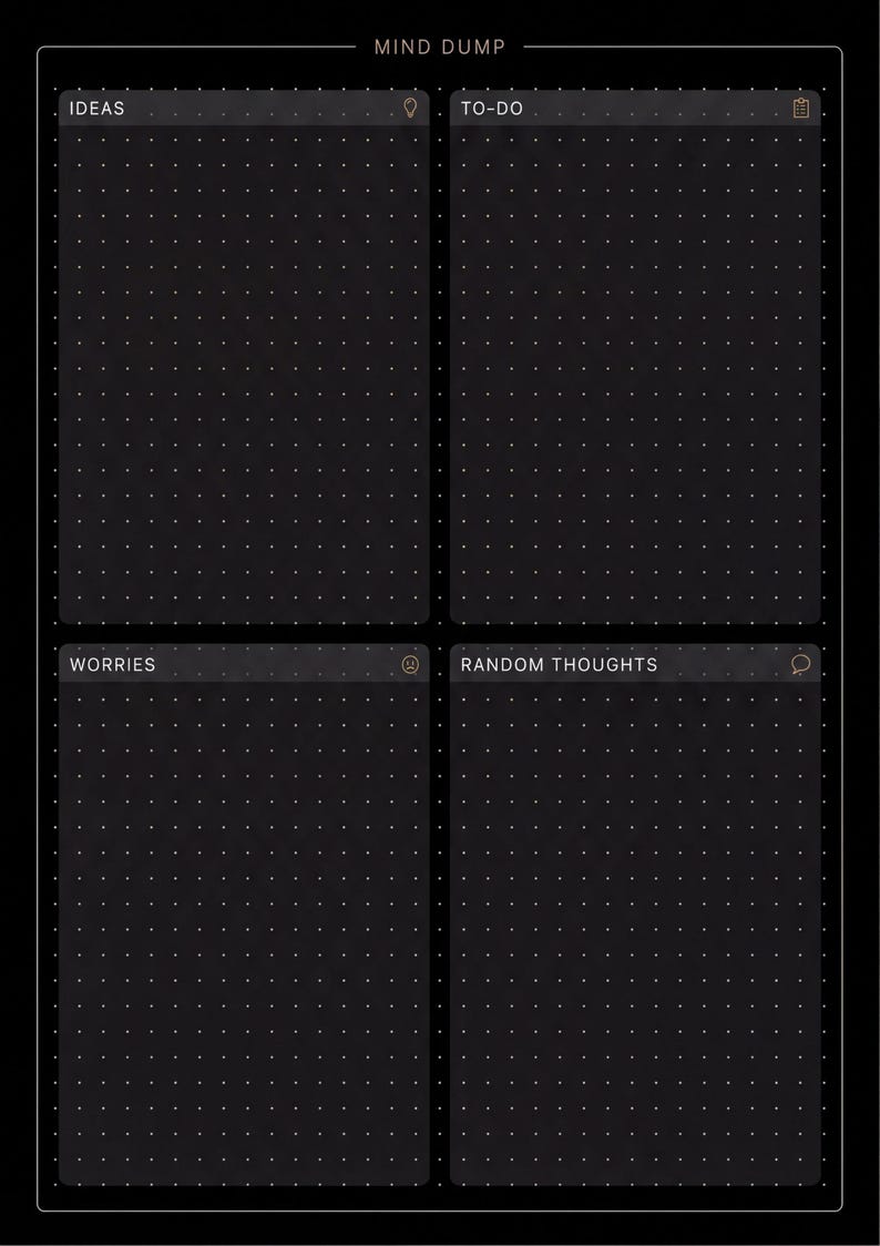 The image is a black and white grid layout with four sections, each containing a different word or phrase. The words are "IDEAS", "TO-DO", "WORRIES", and "RANDOM THOUGHTS". The layout appears to be a simple, organized design with a minimalistic aesthetic.