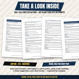The image is a collage of four pages from a larger document, each containing a different caption and hashtag. The captions and hashtags are written in a clear and concise manner, and the visual idea for every post is emphasized.