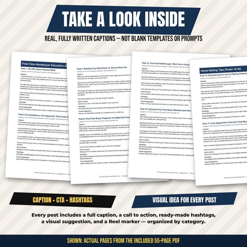 The image is a collage of four pages from a larger document, each containing a different caption and hashtag. The captions and hashtags are written in a clear and concise manner, and the visual idea for every post is emphasized.