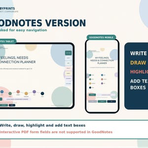 The image is a promotional graphic for a mobile app called "GoodNotes" that provides a platform for users to take notes, draw, highlight, and add text boxes. The app is designed to help users organize their thoughts and ideas, and it offers various features such as a tablet, a mobile device, and interactive PDF form fields. The app is described as a "calendar, connect, communicate" and is available for download on the GoodNotes website.