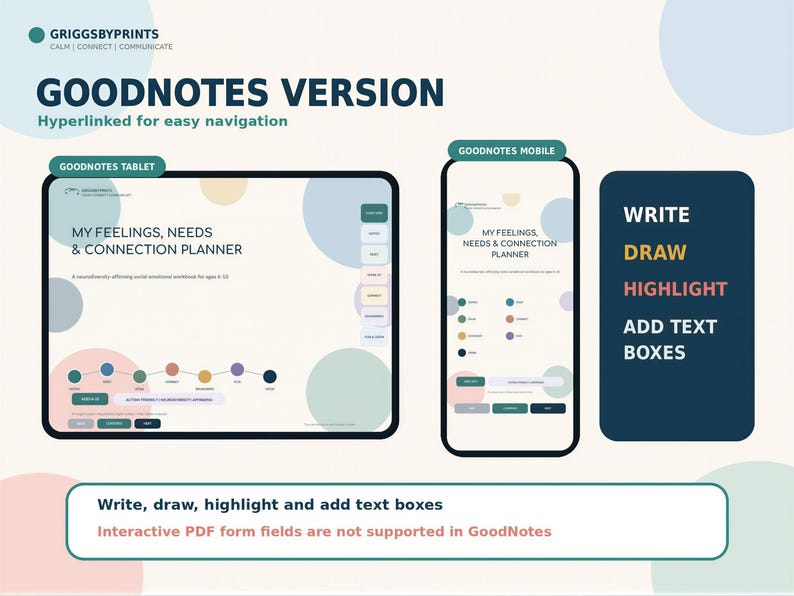 The image is a promotional graphic for a mobile app called "GoodNotes" that provides a platform for users to take notes, draw, highlight, and add text boxes. The app is designed to help users organize their thoughts and ideas, and it offers various features such as a tablet, a mobile device, and interactive PDF form fields. The app is described as a "calendar, connect, communicate" and is available for download on the GoodNotes website.