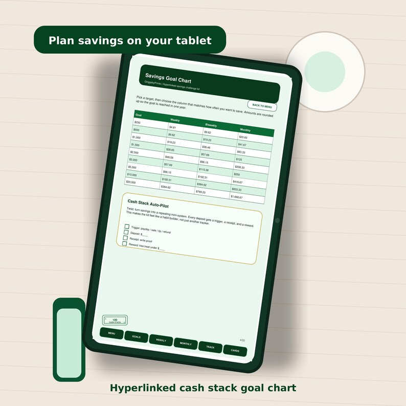 The image is a tablet displaying a savings goal chart, which is a tool to help users plan and track their savings.