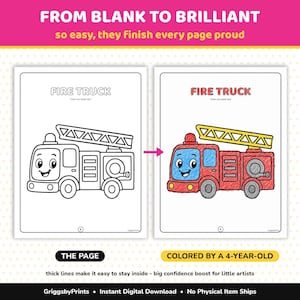 The image is a page from a coloring book featuring two pages with a fire truck. The left page is a black and white line drawing, while the right page is a colored illustration of a fire truck. The text above the image states that the page is from blank to brilliant, and the bottom of the image provides information about the page, including that it is thick lines that make it easy to stay inside and that it is colored by a 4-year-old.