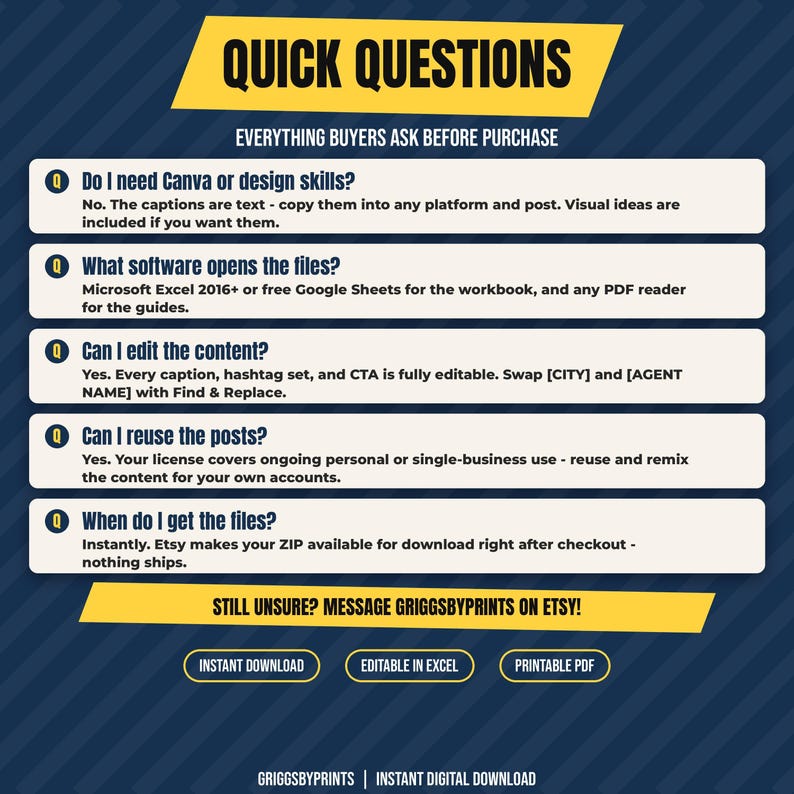 a series of quick questions about purchasing software and editing content, along with options for instant download and print.