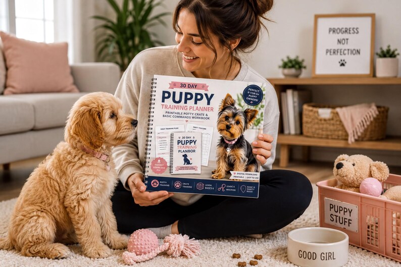 A woman sits on the floor holding a "30 Day Puppy Training Planner" book, surrounded by two small dogs and various dog toys.