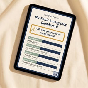 a tablet with a dashboard for a "No-Panic Planner" app, which is designed to help users manage emergency services. The dashboard includes a call to emergency services button, a parent's name, contact information, allergies, and a Go-bag location. The dashboard also includes a QR code for additional information.