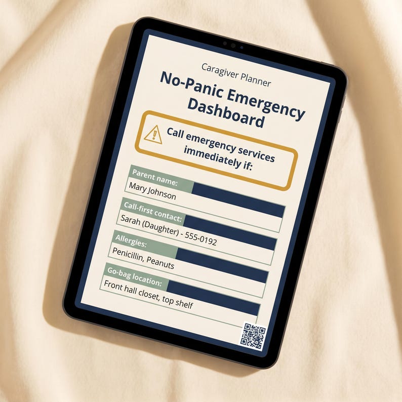 a tablet with a dashboard for a "No-Panic Planner" app, which is designed to help users manage emergency services. The dashboard includes a call to emergency services button, a parent's name, contact information, allergies, and a Go-bag location. The dashboard also includes a QR code for additional information.