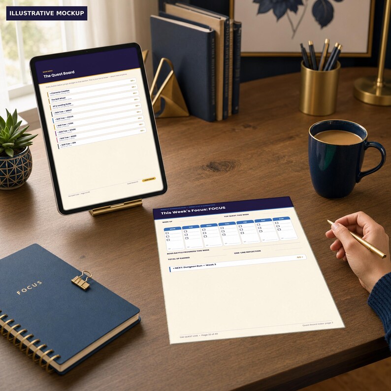 May include: A digital tablet displaying a Quest Board list, a printed planner sheet titled This Week's Focus: FOCUS, a dark blue spiral-bound notebook with the word FOCUS on the cover, and a dark blue mug on a wooden desk surface.