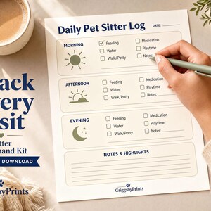 a person's hand holding a pen, writing on a daily pet sitter log form. The form appears to be a digital download for a pet sitter command kit, and there is a cup of coffee and a plant nearby.