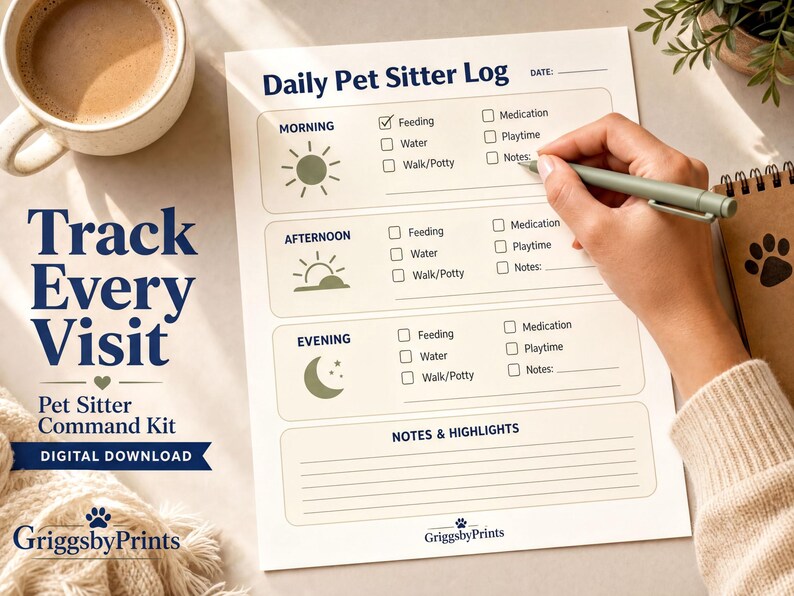 a person's hand holding a pen, writing on a daily pet sitter log form. The form appears to be a digital download for a pet sitter command kit, and there is a cup of coffee and a plant nearby.