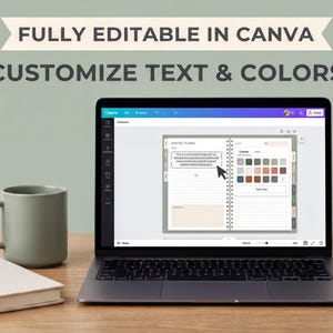 a laptop displaying a customizable text and colors application on a desk, with a mug and a notebook nearby.