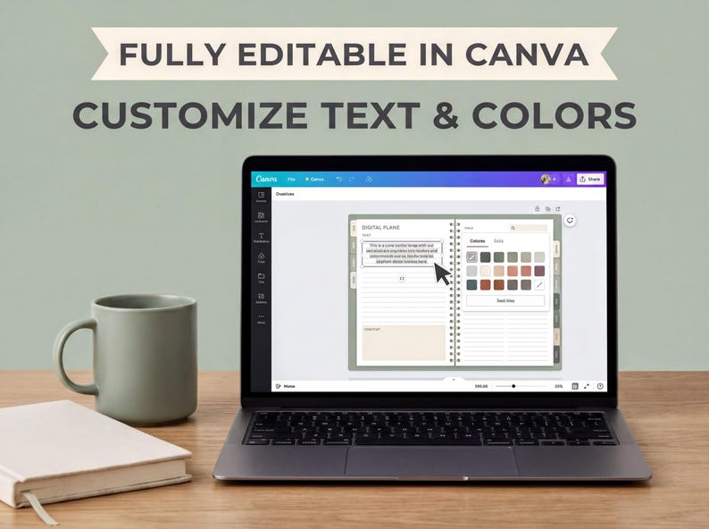 a laptop displaying a customizable text and colors application on a desk, with a mug and a notebook nearby.