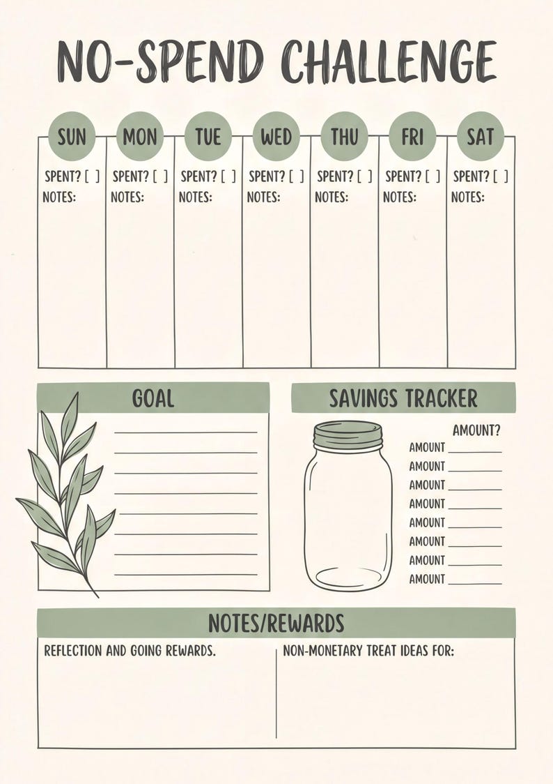 The image is a visual representation of a "No-Spend Challenge" that includes a weekly schedule, a savings tracker, and notes/rewards.