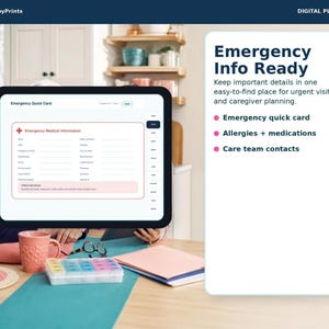 a digital emergency information planning tool, with a computer monitor displaying an emergency medical information form and a person's hands visible in the background.
