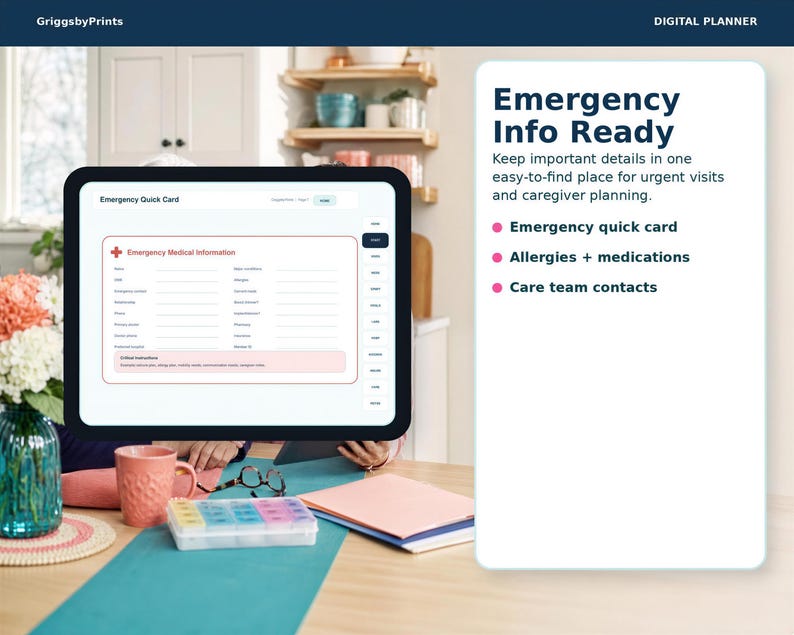 a digital emergency information planning tool, with a computer monitor displaying an emergency medical information form and a person's hands visible in the background.
