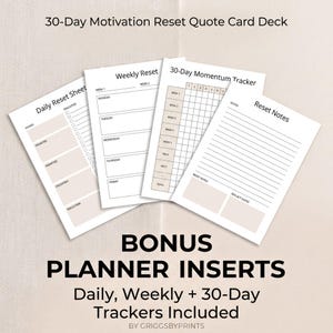 The image is a promotional graphic for a 30-Day Motivation Reset Quote Card Deck. It features four blank quote cards with prompts for daily, weekly, and 30-day tracking, along with a "BONUS" section that includes daily, weekly, and 30-day planners with additional trackers.