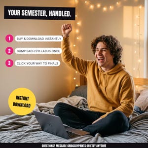 A smiling young man in a yellow hoodie sits on a bed, holding up his fist in a celebratory gesture.