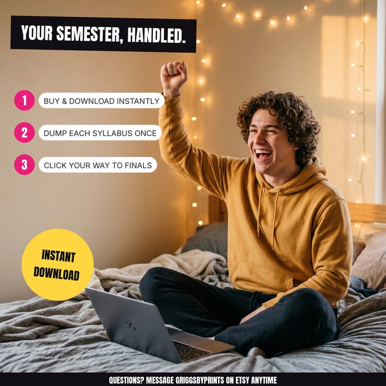 A smiling young man in a yellow hoodie sits on a bed, holding up his fist in a celebratory gesture.