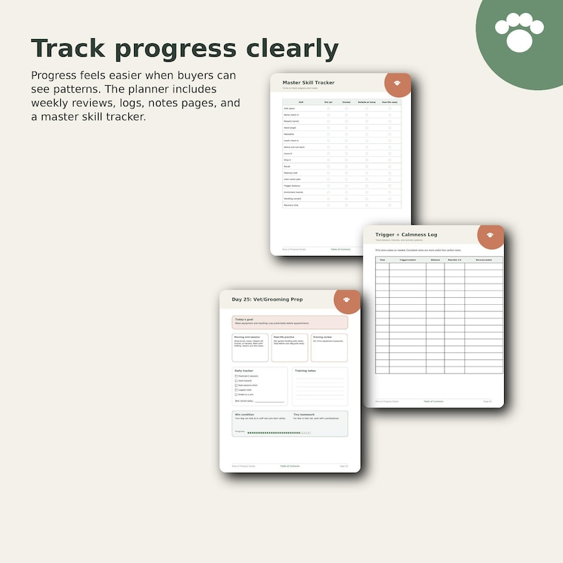 three sheets of paper with the words track progress clearly