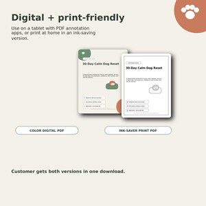 The image is a collage of two different versions of a digital and print version of a 30-Day Calm Dog Reset and 30-Day Caffeine Dog Reset. The customer can download both versions in one download.