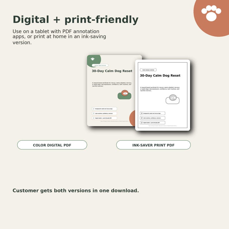 The image is a collage of two different versions of a digital and print version of a 30-Day Calm Dog Reset and 30-Day Caffeine Dog Reset. The customer can download both versions in one download.