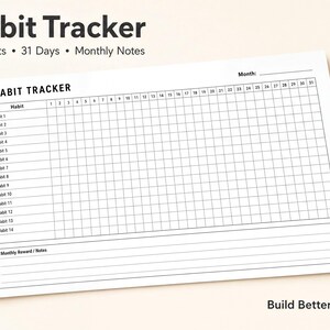The image is a printed page with a habit tracking form that includes a grid for recording habits and a section for monthly reward notes.