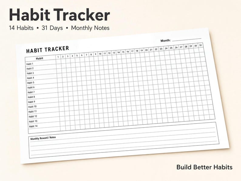 The image is a printed page with a habit tracking form that includes a grid for recording habits and a section for monthly reward notes.