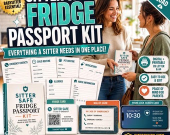 Kit de emergencia para niñeras, imprimible, caja fuerte para niñeras, pasaporte para el refrigerador
