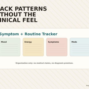 The image is a graphic design featuring a track pattern without the clinical feel, with a focus on symptoms and routine trackers.