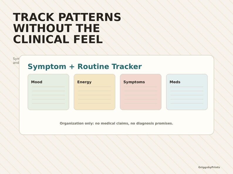 The image is a graphic design featuring a track pattern without the clinical feel, with a focus on symptoms and routine trackers.