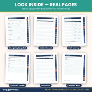 six pages from a planner, each with different sections and features, including an emergency snapshot, a medication list, a daily log, a Symptom Tracker, and lab results.