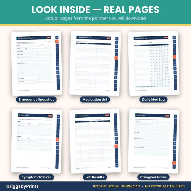 six pages from a planner, each with different sections and features, including an emergency snapshot, a medication list, a daily log, a Symptom Tracker, and lab results.