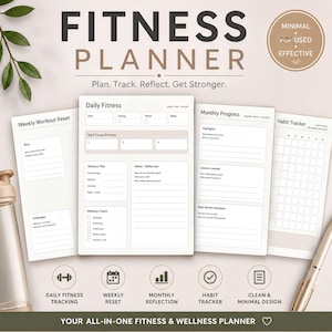 Minimalist Fitness Planner | Workout Tracker, Progress Log (Canva Template, PDF Download)
