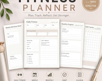 Minimalist Fitness Planner | Workout Tracker, Progress Log (Canva Template, PDF Download)