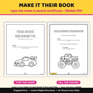 The image is a promotional poster for a coloring book, featuring two blank pages with illustrations of a car and a truck. The text encourages viewers to "Make it their book" and provides instructions for filling out the blank pages to create a coloring book.