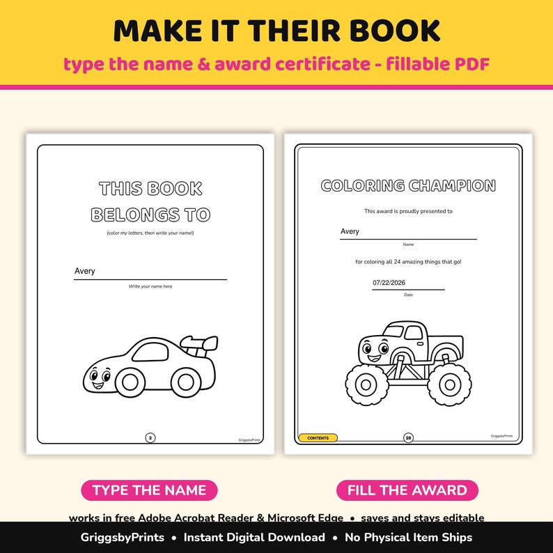 The image is a promotional poster for a coloring book, featuring two blank pages with illustrations of a car and a truck. The text encourages viewers to "Make it their book" and provides instructions for filling out the blank pages to create a coloring book.