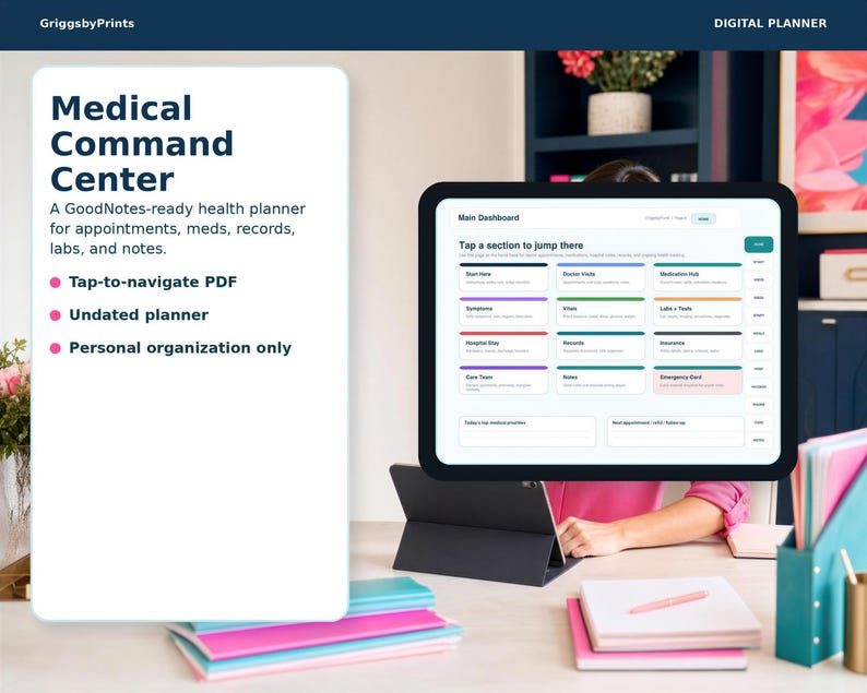 The image is a promotional graphic for a medical command center, featuring a person working at a desk with a computer monitor displaying a health management app.