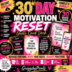 The image is a promotional graphic for a 30-day motivation quote card deck, featuring a variety of motivational quotes and tools for personal development.