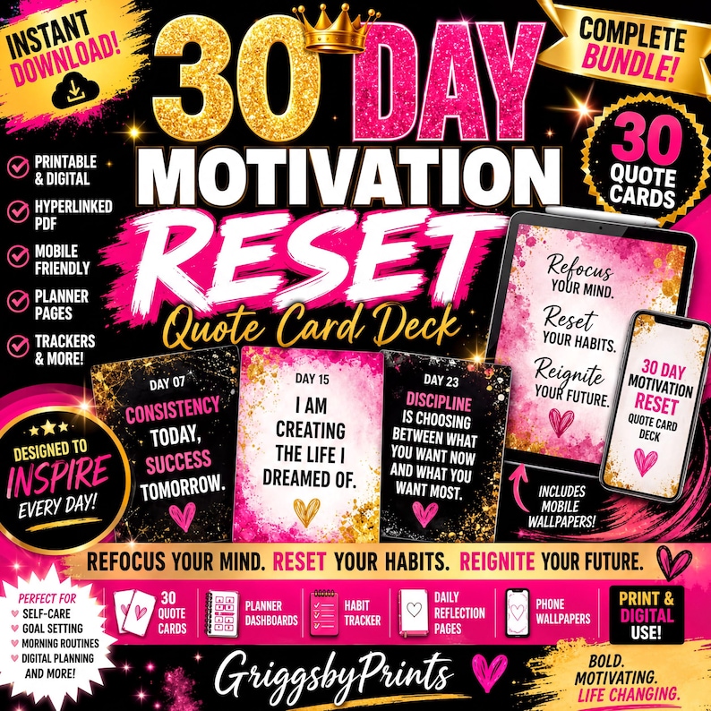 The image is a promotional graphic for a 30-day motivation quote card deck, featuring a variety of motivational quotes and tools for personal development.