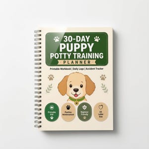 The image is a spiral-bound notebook with a cartoon dog on the cover, promoting a 30-day puppy potty training planner.
