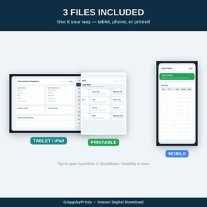 three different screens or views of a mobile application or website, each displaying a different type of content. The screens include a tablet, a printable, and a mobile version of the content.