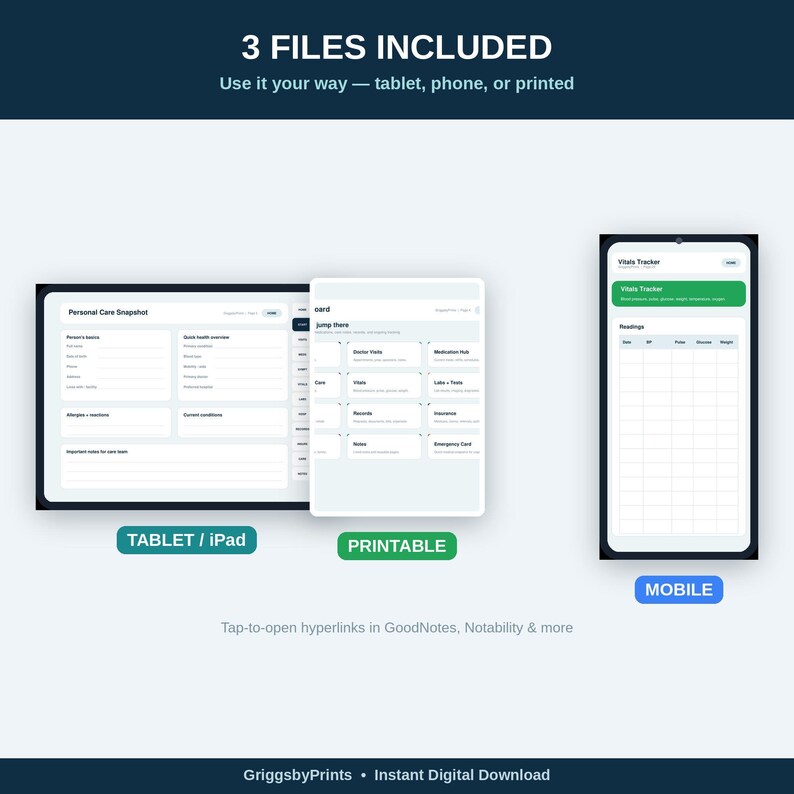 three different screens or views of a mobile application or website, each displaying a different type of content. The screens include a tablet, a printable, and a mobile version of the content.