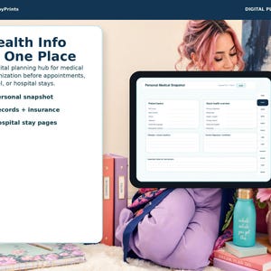 The image is a digital health planning tool that allows users to input their health information in one place. It features a person's face on the screen, along with a tablet displaying a form for inputting health-related information. The background includes various items such as books, a vase with flowers, and a backpack.