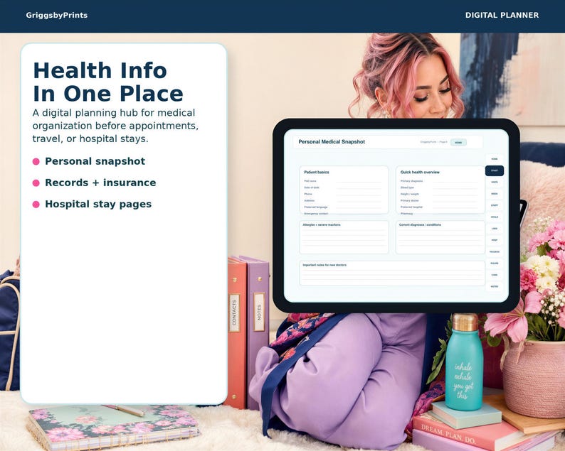 The image is a digital health planning tool that allows users to input their health information in one place. It features a person's face on the screen, along with a tablet displaying a form for inputting health-related information. The background includes various items such as books, a vase with flowers, and a backpack.