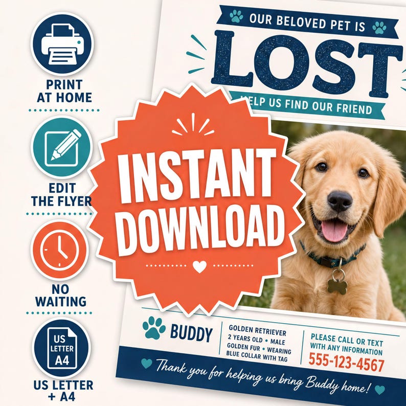 The image is a flyer for a lost pet poster featuring a golden retriever dog. The flyer includes information about how to help find a lost pet, such as printing at home, editing the flyer, and providing a US Letter A4. The flyer also includes a phone number for assistance and a note to thank the person who helped bring Buddy home.